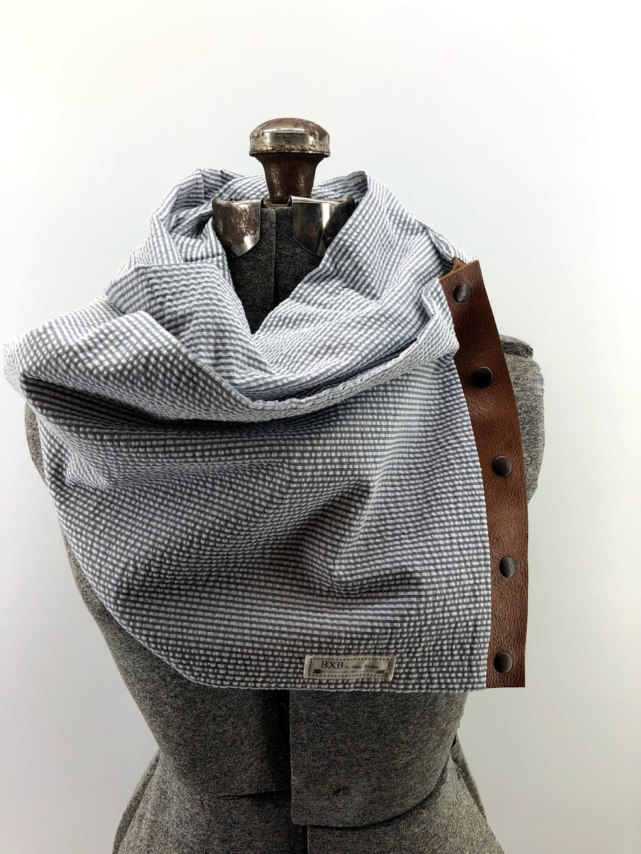 Grey Seersucker Multi Snap Scarf with Leather Snaps