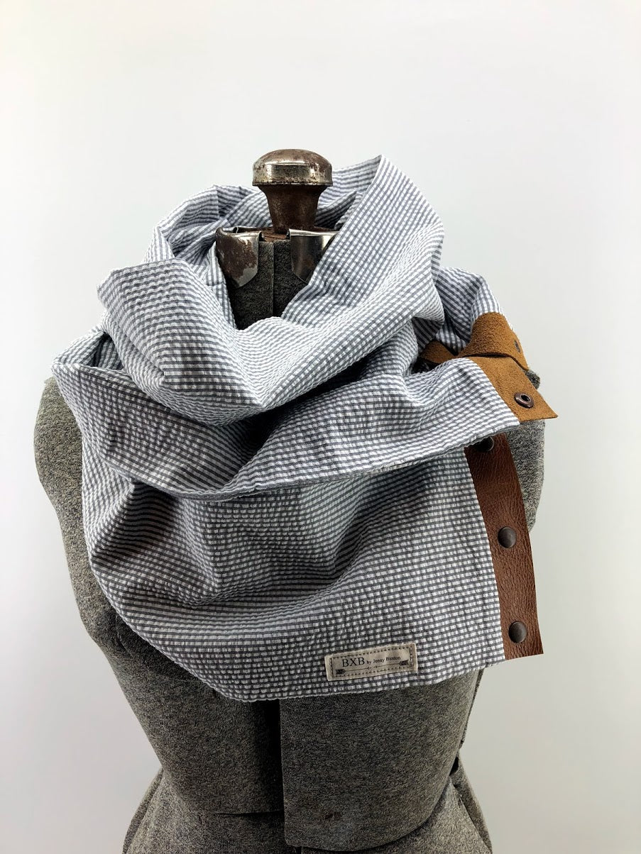 Grey Seersucker Multi Snap Scarf with Leather Snaps