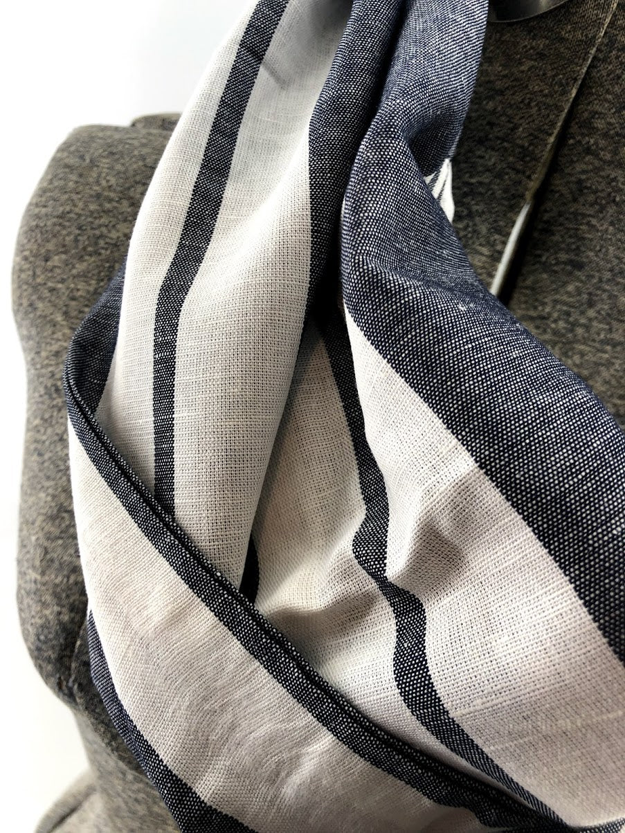 Gray Wide Stripe Linen Eternity Scarf with a Leather Cuff