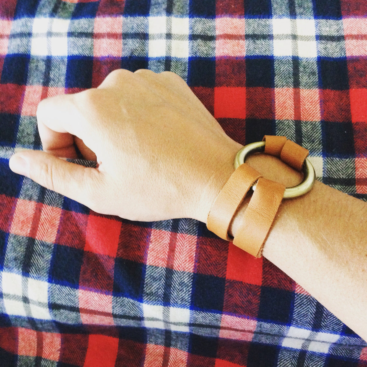 Minimalist Split Leather Bracelet with Heavy Ring