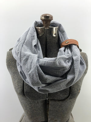 Gray & White Seersucker Eternity Scarf with a Leather Cuff
