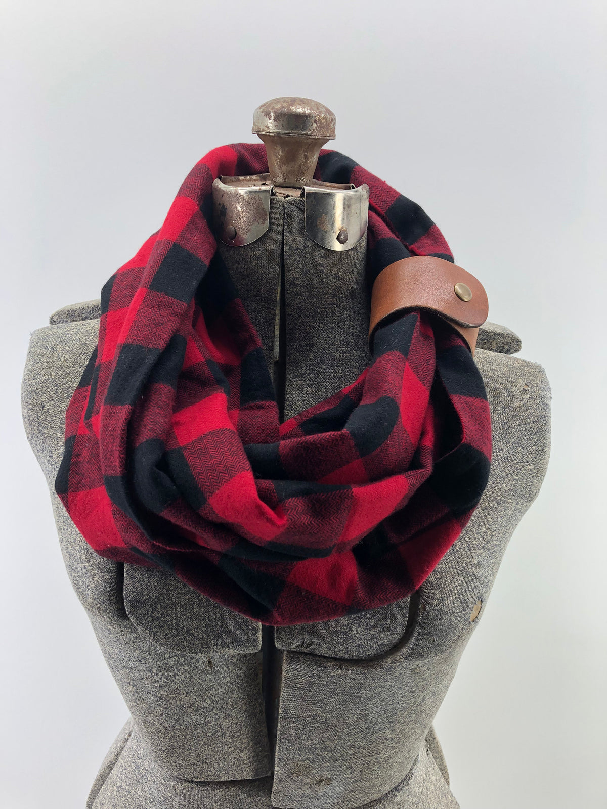Black & Red Buffalo Check Eternity Scarf with a Leather Cuff