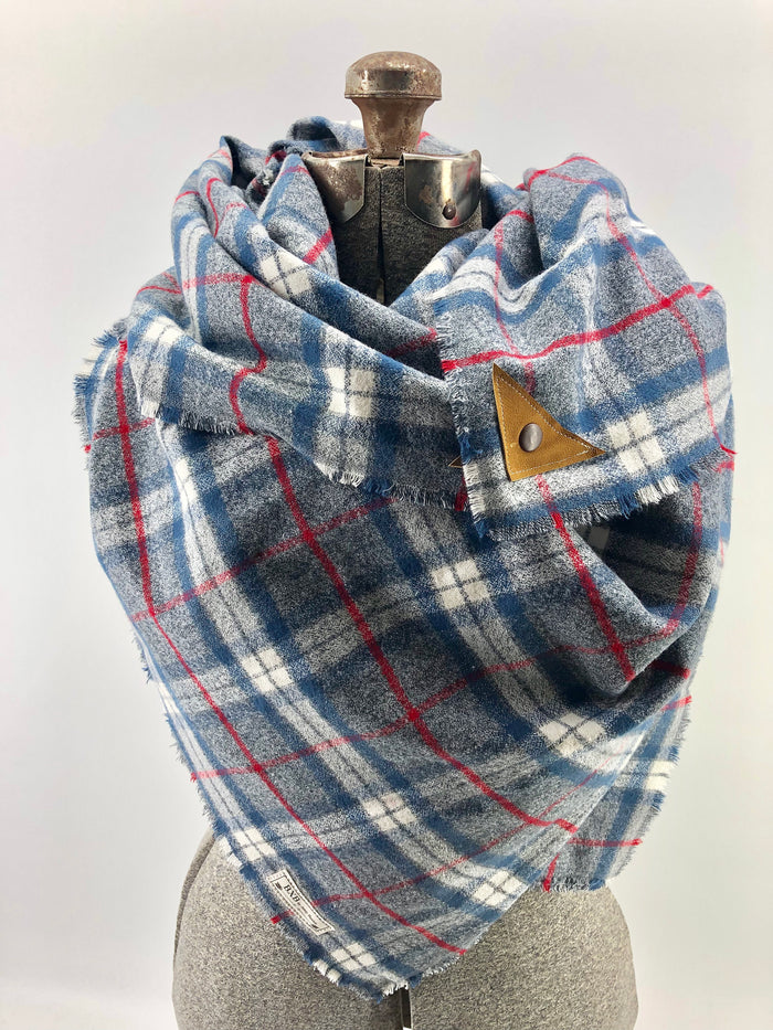 Blue White & Red Plaid Blanket Scarf with Leather Detail