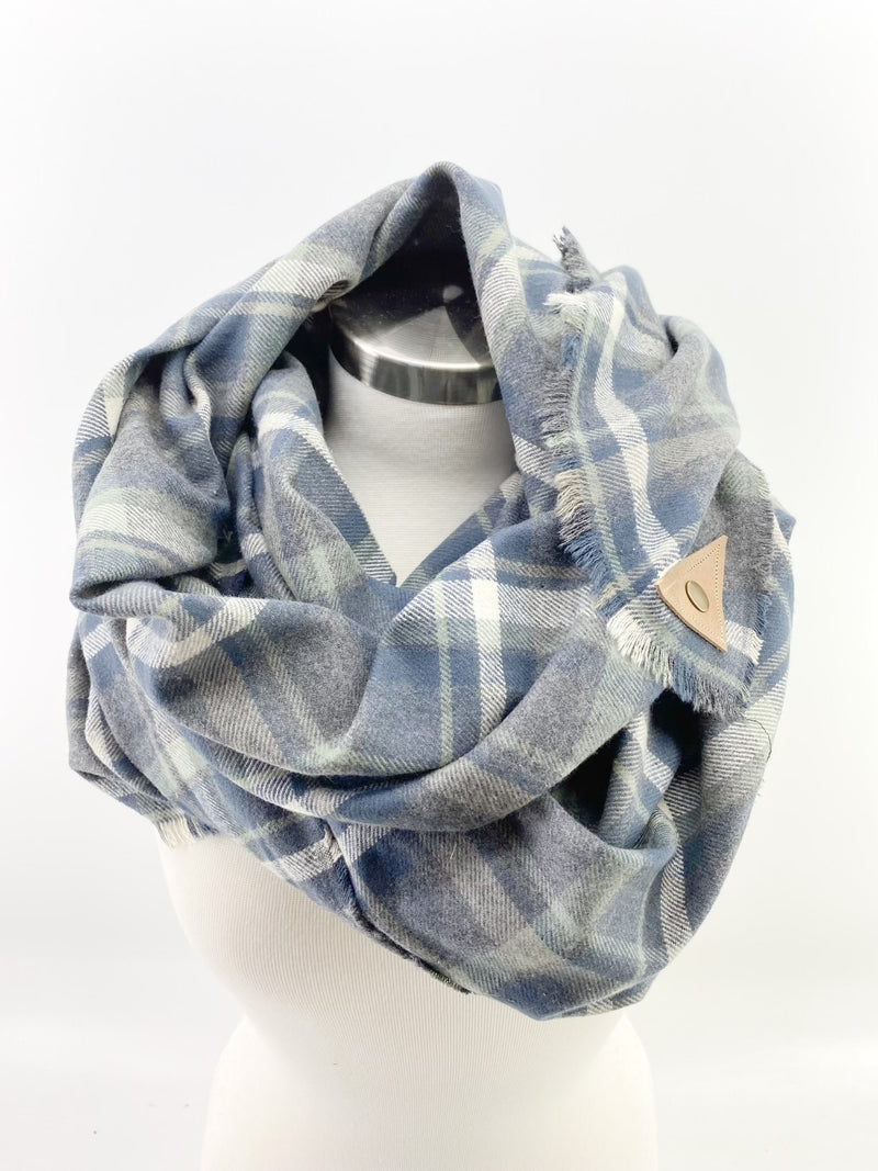 Olive and Navy Plaid Blanket Scarf with Leather Detail