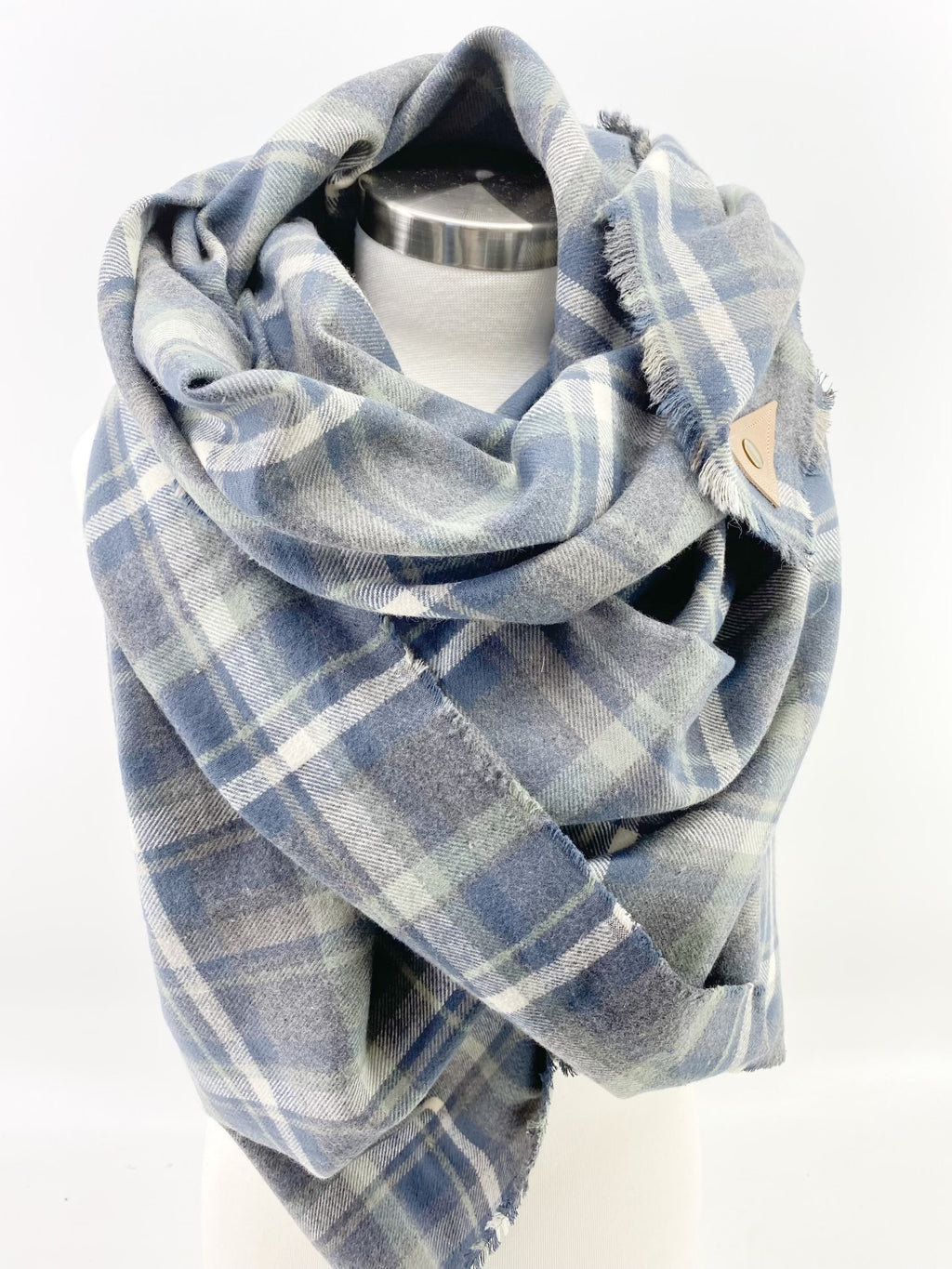 Olive and Navy Plaid Blanket Scarf with Leather Detail