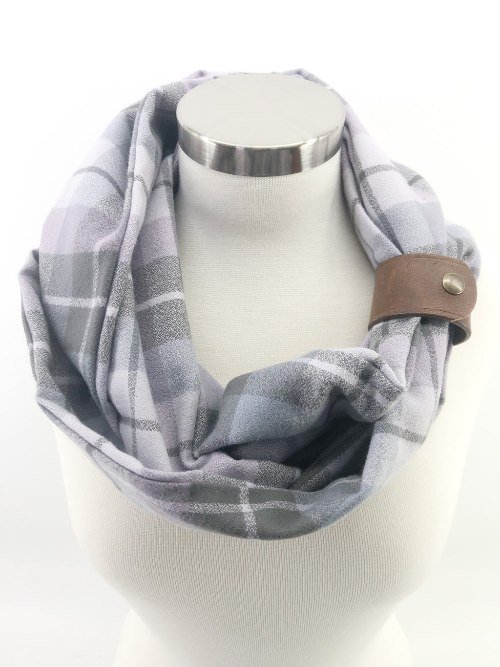 Lavender Plaid Eternity Scarf with a Leather Cuff