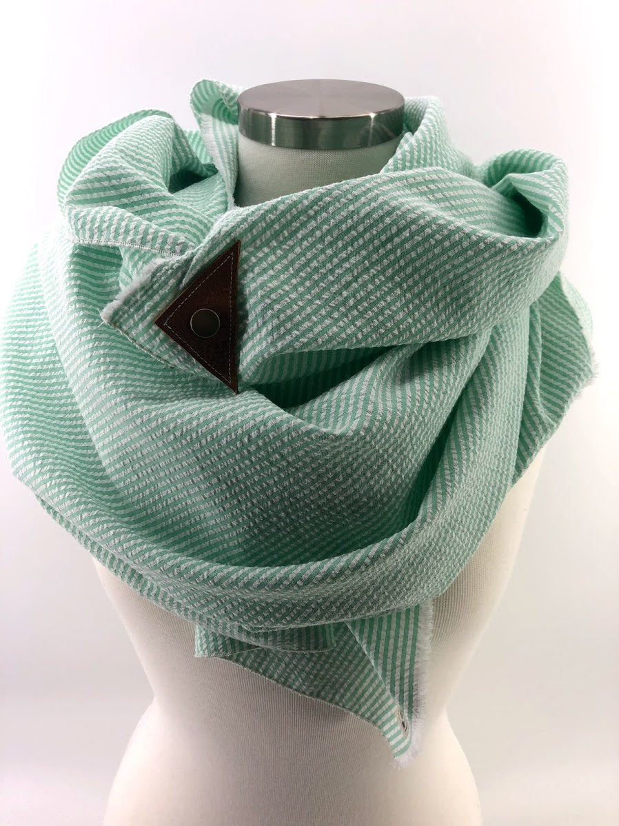 Mint Seersucker Blanket Scarf with Leather Detail