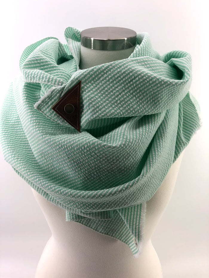 Mint Seersucker Blanket Scarf with Leather Detail