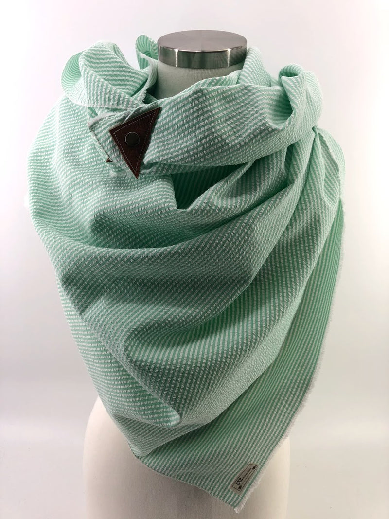 Mint Seersucker Blanket Scarf with Leather Detail