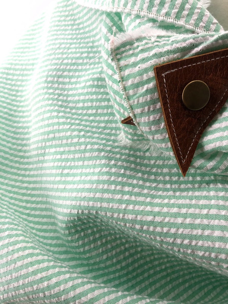 Mint Seersucker Blanket Scarf with Leather Detail
