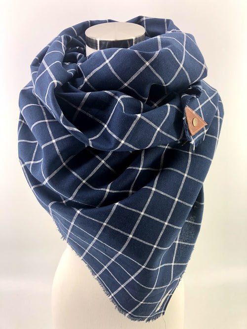 Navy & White Linen Windowpane Blanket Scarf with Leather Detail