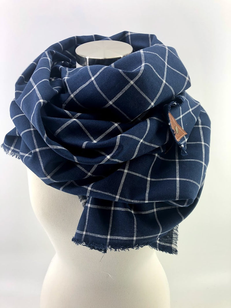 Navy & White Linen Windowpane Blanket Scarf with Leather Detail