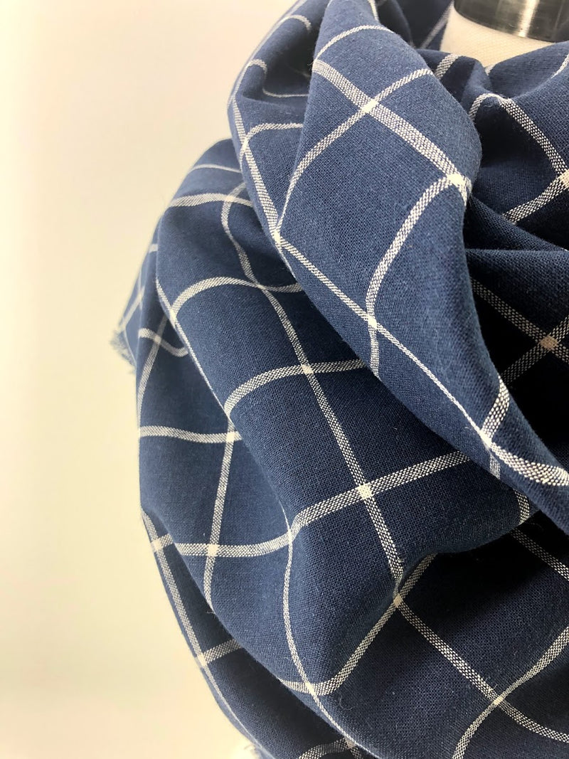 Navy & White Linen Windowpane Blanket Scarf with Leather Detail