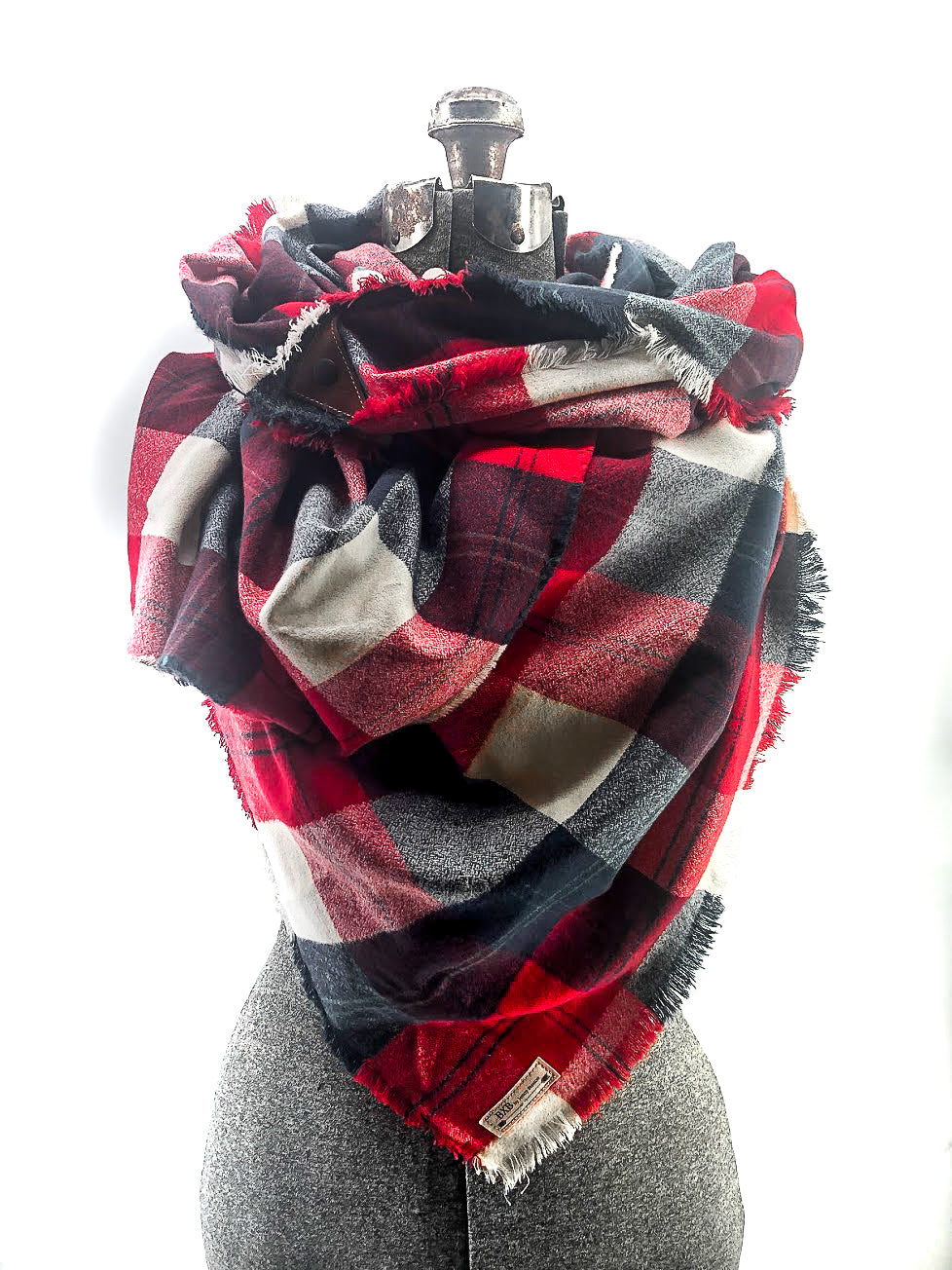 New England Football Plaid Blanket Scarf with Leather Detail