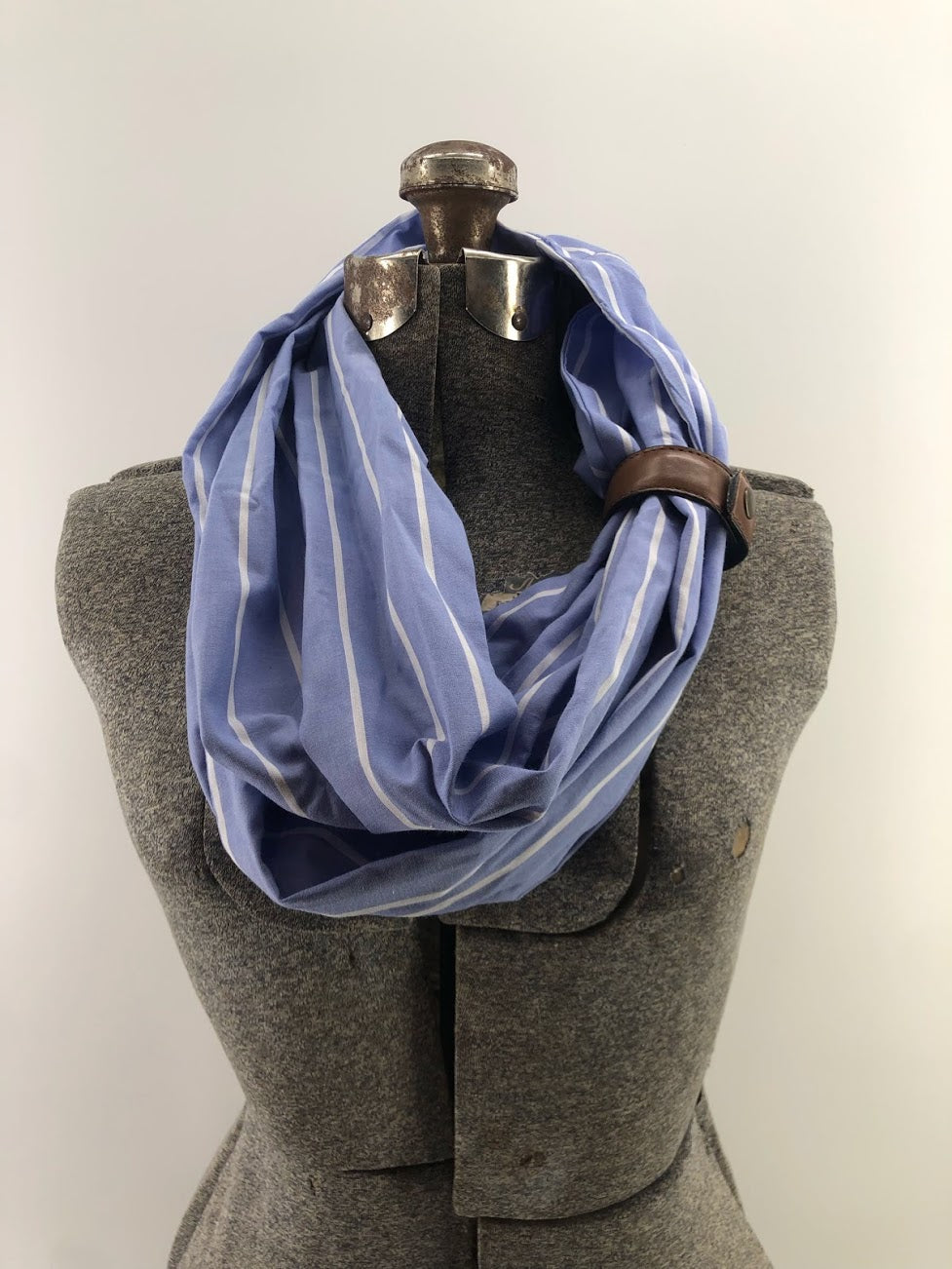 Sky Blue & White Thin Stripe Eternity Scarf with a Leather Cuff