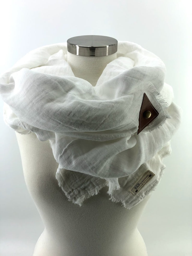 White Gauze Blanket Scarf with Leather Detail