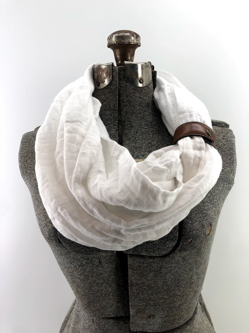 White Gauze Eternity Scarf with a Leather Cuff