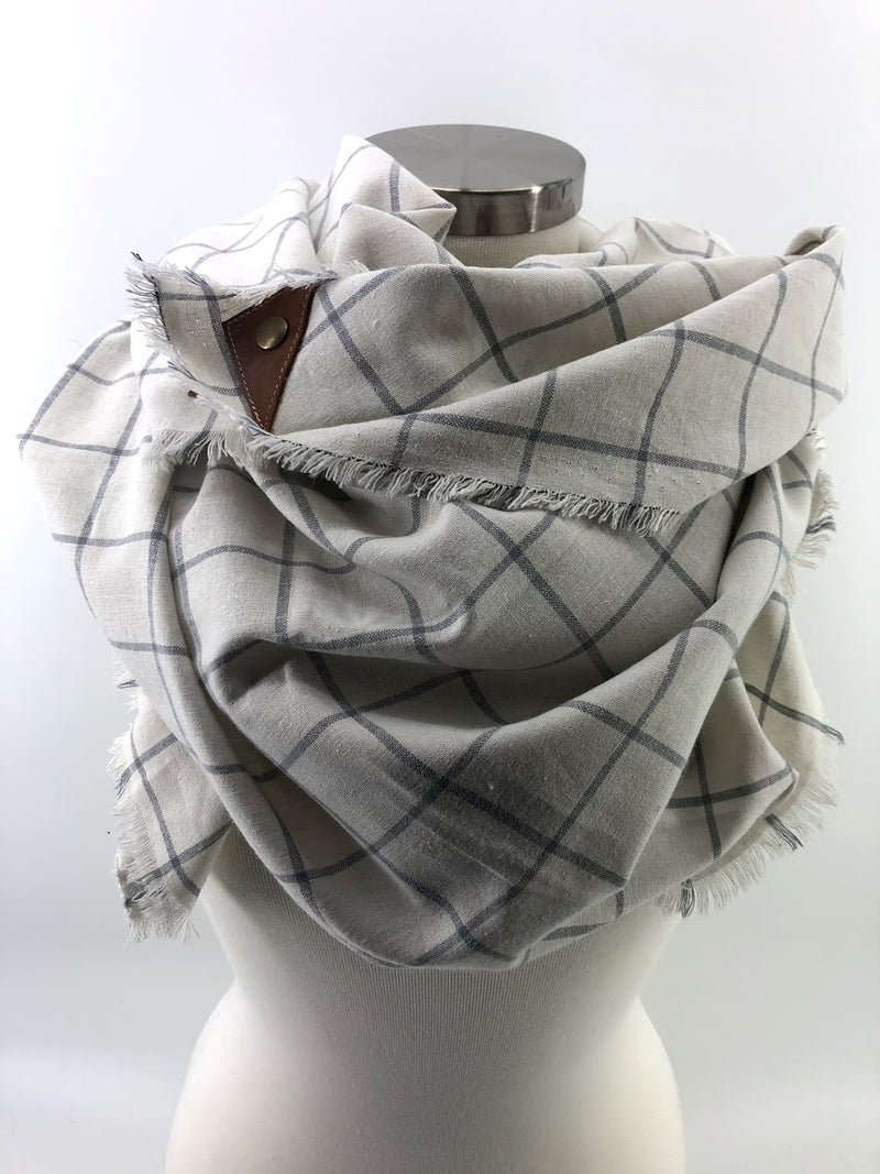 White & Gray Linen Windowpane Blanket Scarf with Leather Detail