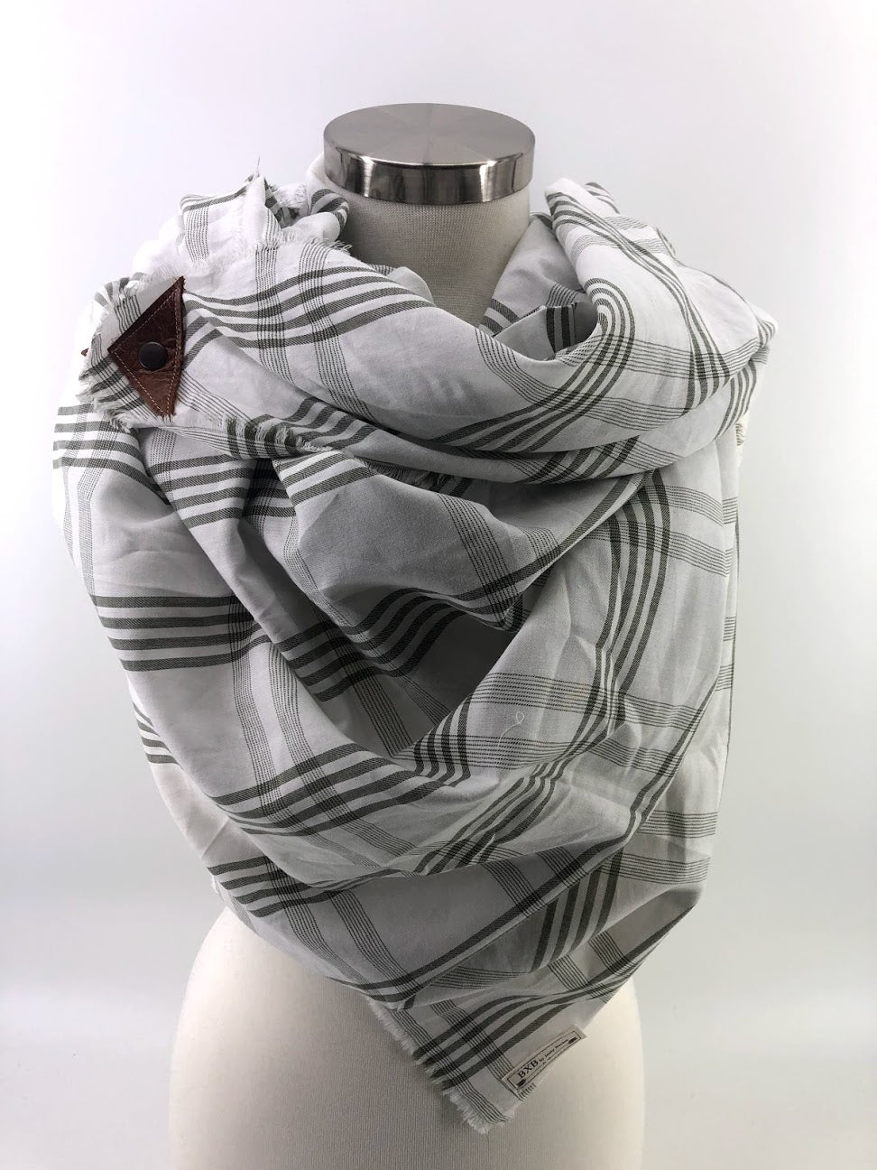 Olive & White Plaid Blanket Scarf with Leather Detail